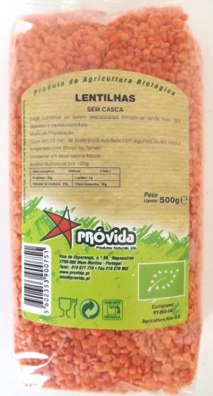 LENTILHAS SEM CASCA BIO 500G PRÓVIDA