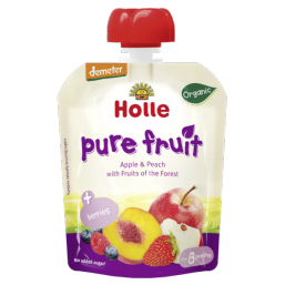 PURÉ DE FRUTA MAÇÃ PÊSSEGO FR. VERMELHOS 8M BIO 90g HOLLE