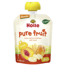 PURÉ DE FRUTA PÊSSEGO ALPERCE BANANA ELPELTA 8M BIO 90g HOLLE